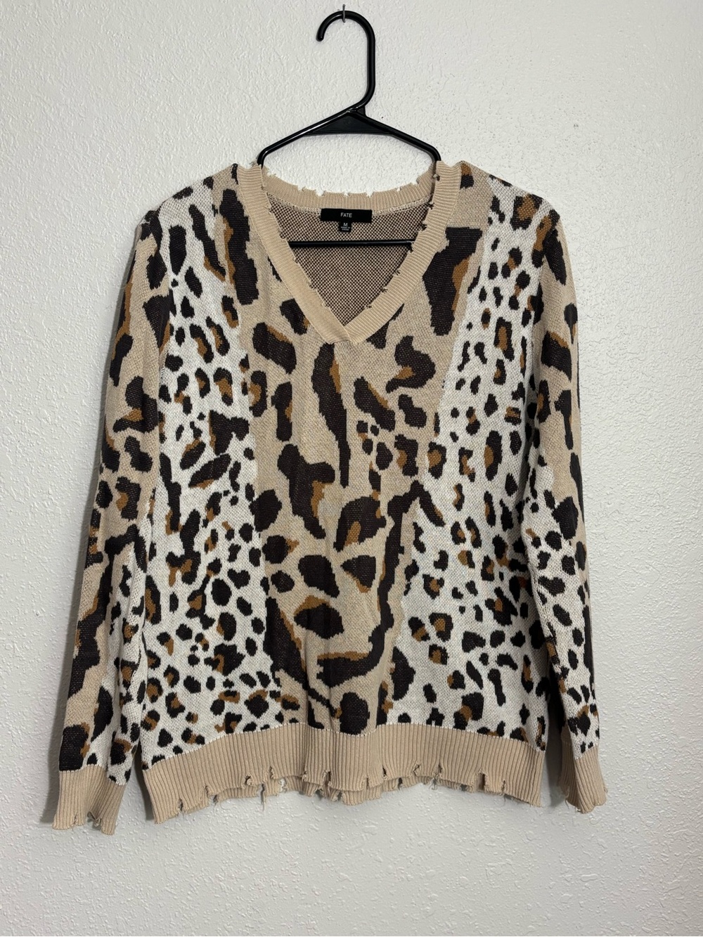 Fate Beige Leopard Print V-Neck Sweater with Black and Brown Spots